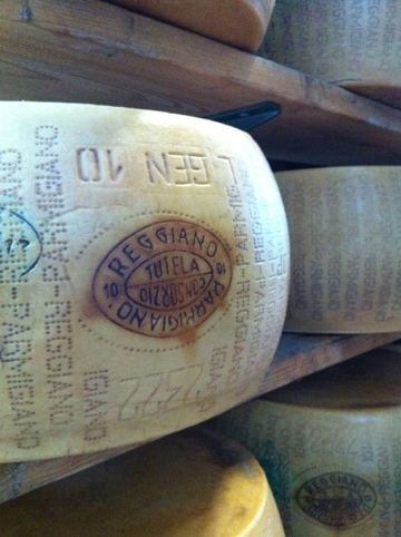 Aging wheels of Parmigiano Reggiano cheese stacked on wooden shelves in an Italian cheese cellar.