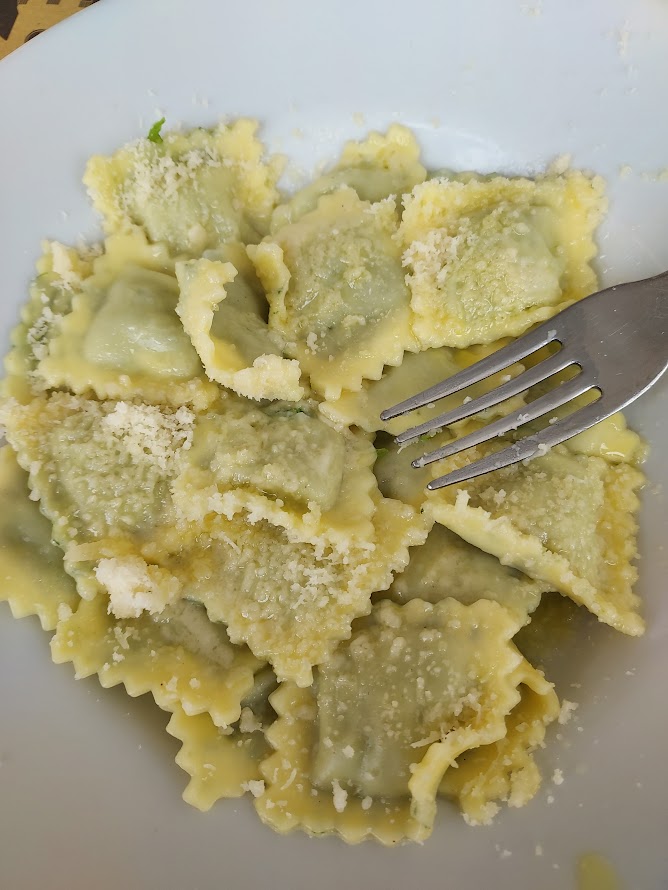 Plate of tortelli sprinkled with grated Parmesan, close-up with a fork.