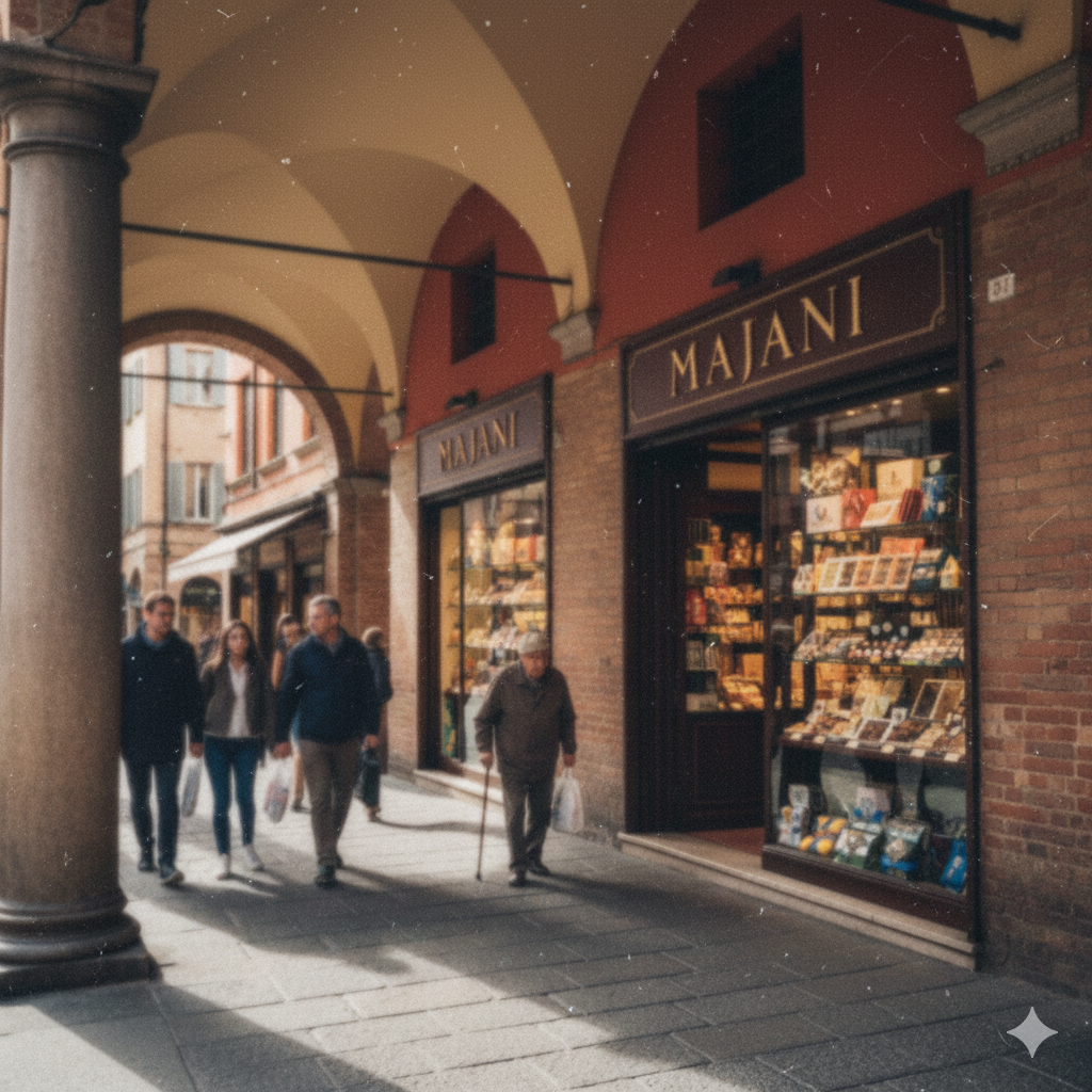 People walking by Majani chocolate shop in a historic arcade, Bologna, Italy. Bright shop display and archway.
