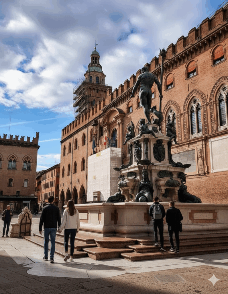 Fontana del Nettuno in Bologna, bronze Neptune statue by Giambologna in Piazza del Nettuno.