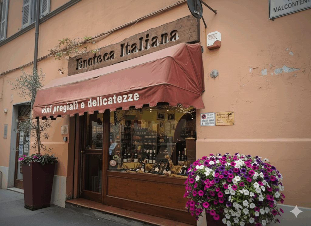 Italian wine shop entrance with a red awning labeled vini pregiati e delicatezze and vibrant flower display.