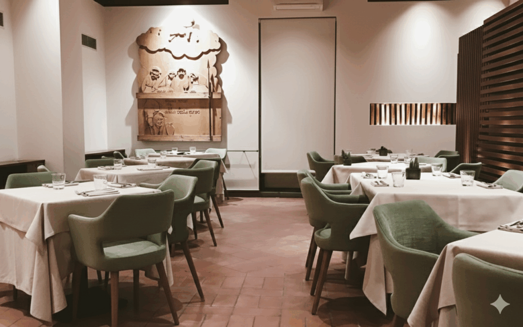 Modern restaurant interior with green chairs, white tablecloths, and ambient lighting for a cozy dining experience.