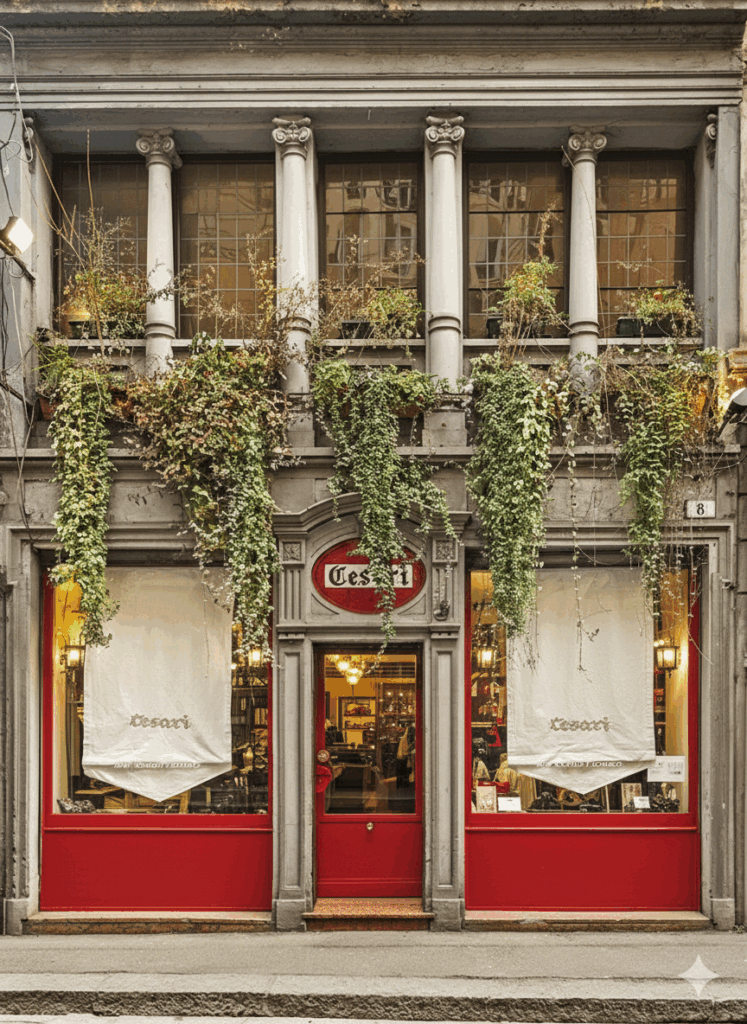 Charming bookstore facade with lush greenery and vibrant red details, embodying vintage allure and cultural richness.