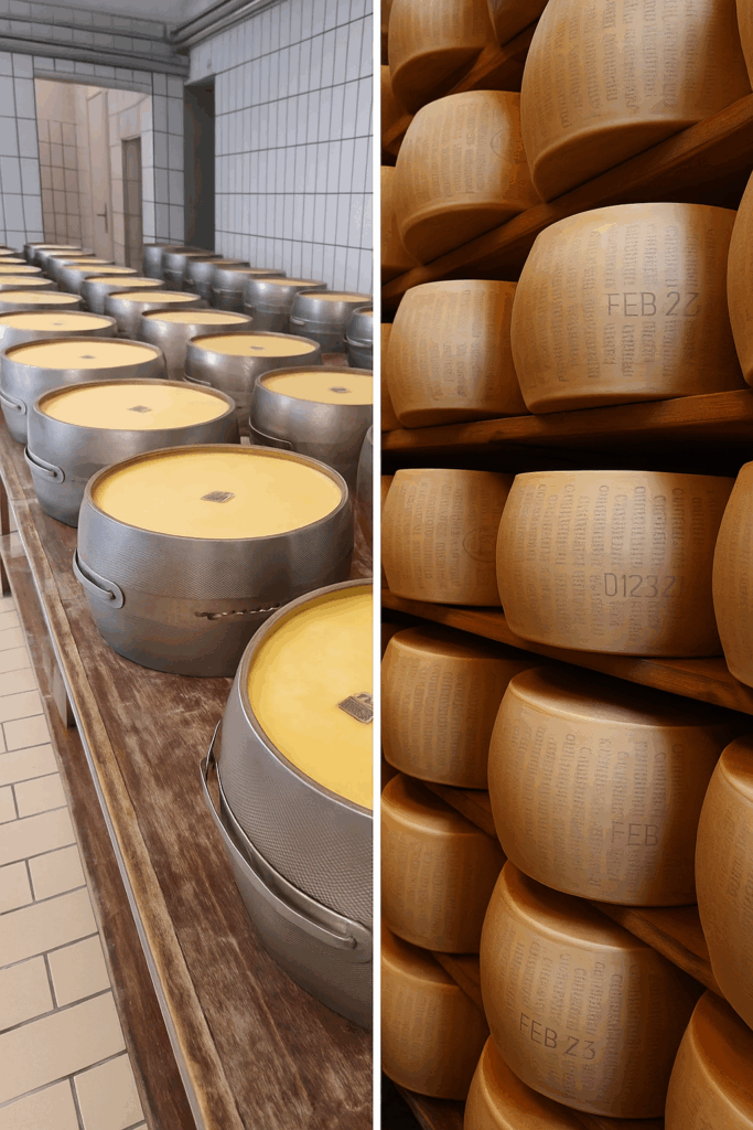 Rows of cheese wheels aging in metal molds and wooden shelves in a cheese factory.