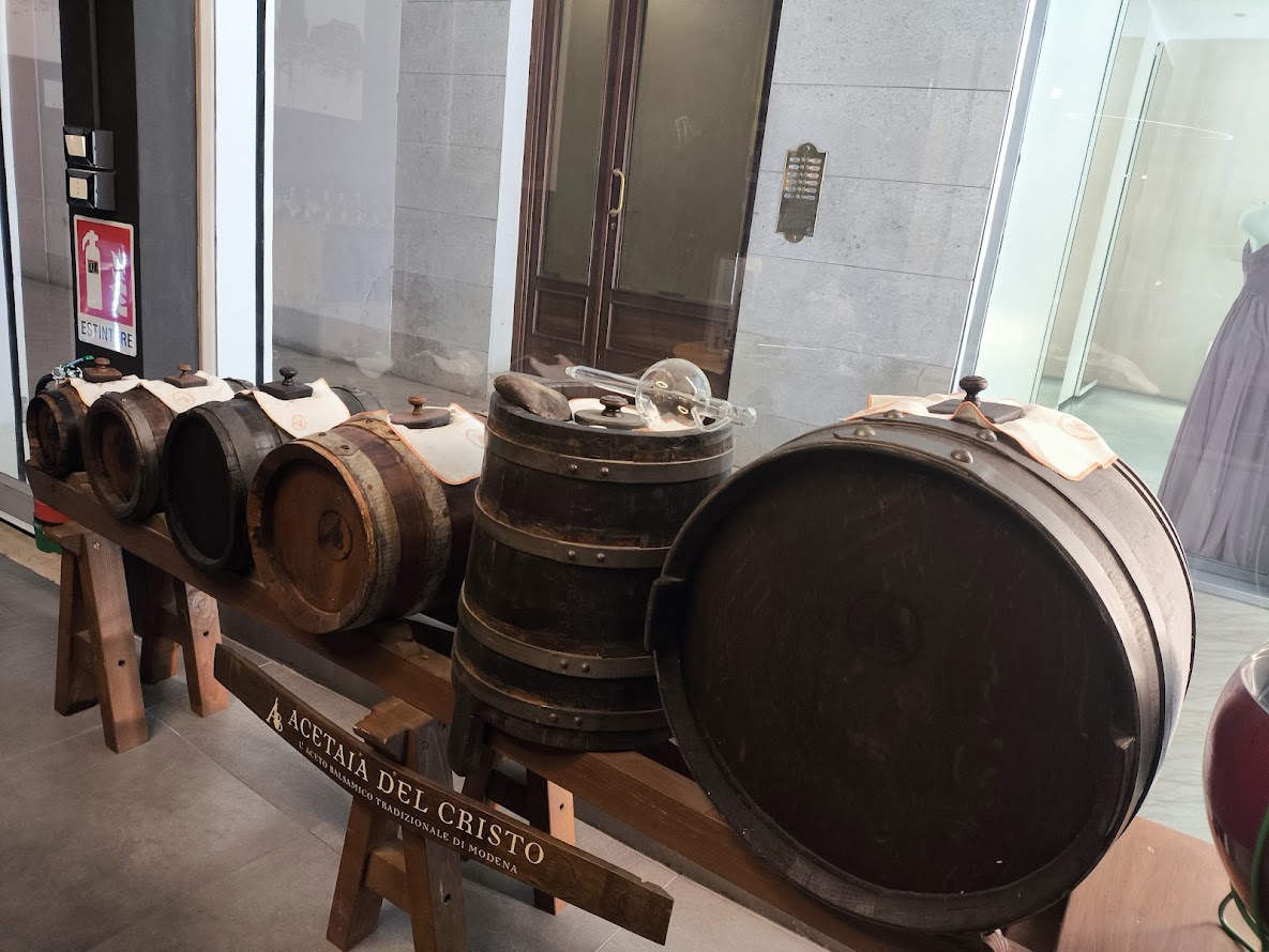 Traditional wooden barrels at Acetaia del Cristo in Modena, where Aceto Balsamico Tradizionale DOP is aged for a minimum of twelve years.