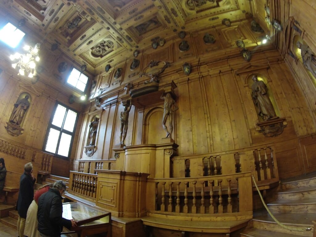 Anatomical theatre interior at the Archiginnasio of Bologna, one of the city's most historic university rooms