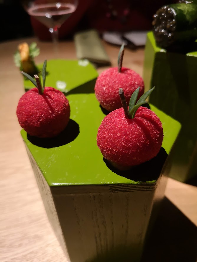 Signature apple-shaped amuse-bouche at Osteria Francescana, Modena — one of Massimo Bottura's iconic sculptural dishes