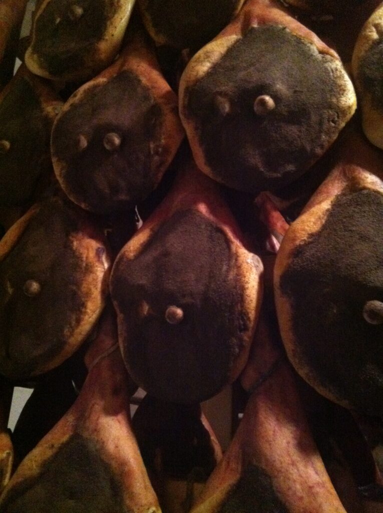 Reiferäume mit hängenden Parmaschinken in einem Betrieb in Langhirano